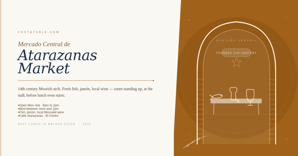 Illustrated Moorish arch of the Atarazanas Market in Málaga with a market stall showing fish, jamón and wine