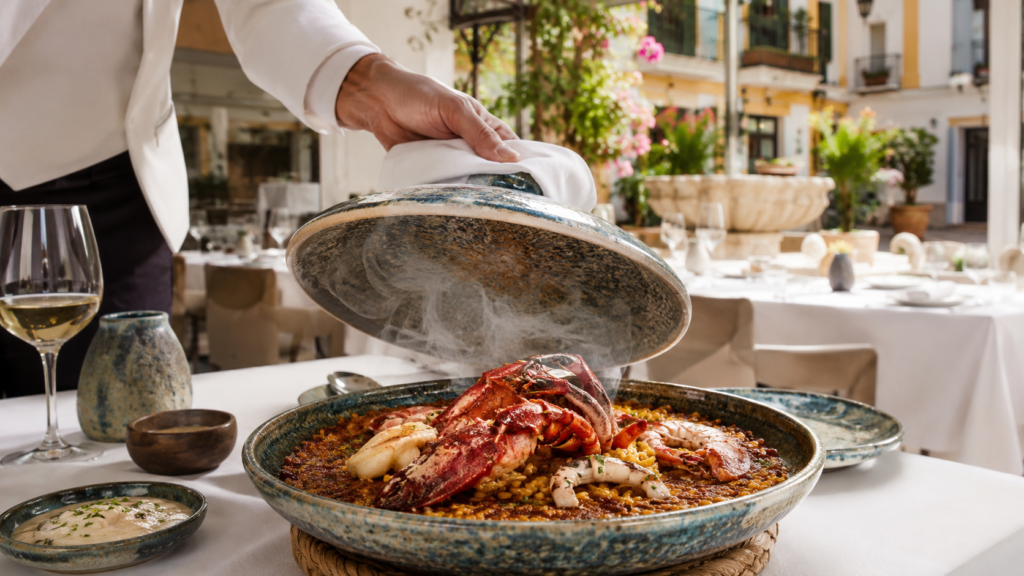 Luxury seafood rice dish with lobster and tableside service at an elegant Mediterranean restaurant in Málaga.