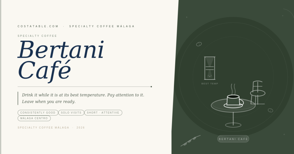 Hourglass, espresso cup on a bistro table and a single chair representing Bertani Café in the Málaga specialty coffee guide