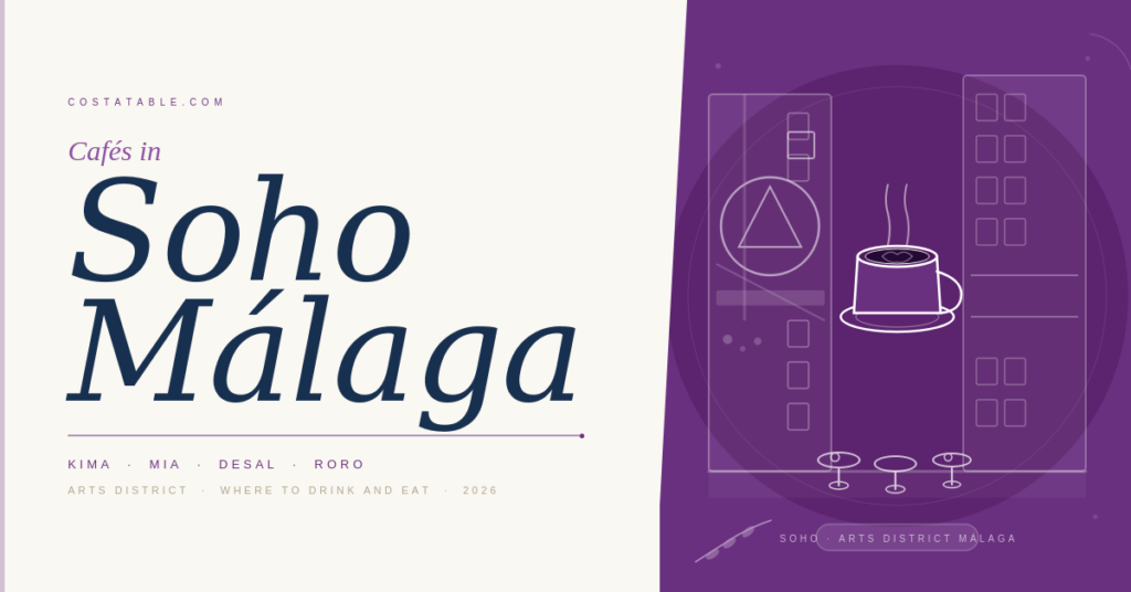 Gatuvy över Soho Málaga med en väggmålning, bord på kaféterrassen och en kaffekopp som representerar konstdistriktets kaféguide