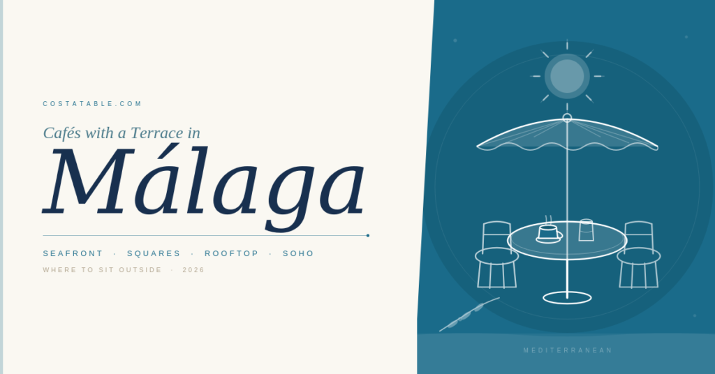 Parasol over a café table with two chairs and a coffee cup illustrating the best terrace cafés in Málaga