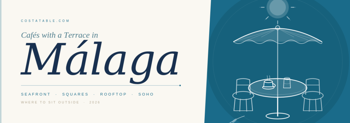 Parasoll över ett cafébord med två stolar och en kaffekopp som illustrerar de bästa terrasscaféerna i Málaga