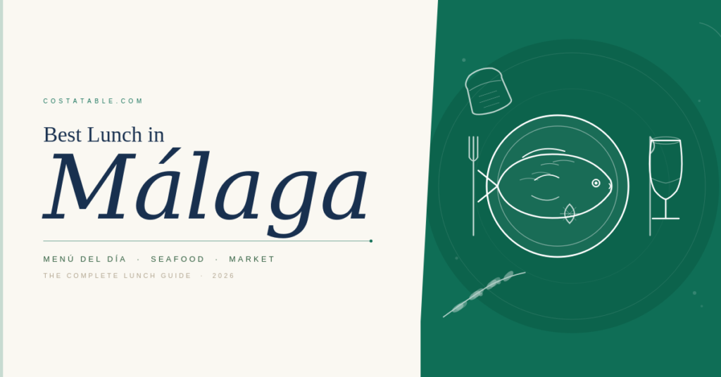 Illustrated plate with fish, fork, knife and wine glass for the best lunch in Málaga guide