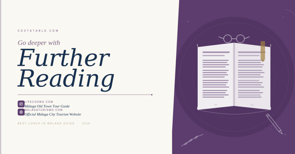 Open book with reading glasses and bookmark illustrating the further reading section of the Málaga lunch guide