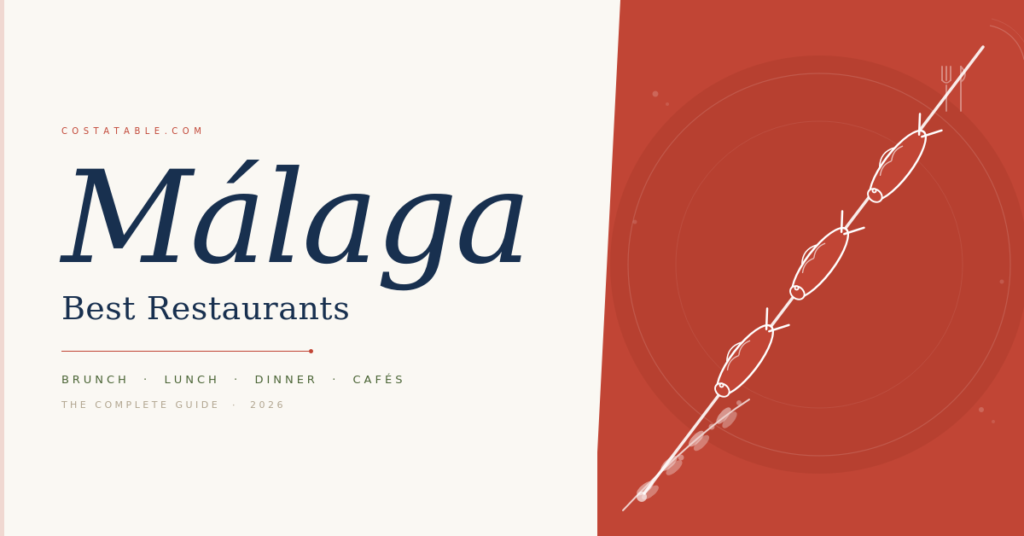 Illustrated guide to the best restaurants in Málaga featuring espeto sardines on a bamboo stick