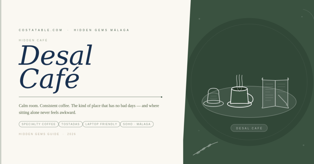 Coffee cup with latte art, tostada and open notebook on a café table representing Desal Café in Málaga