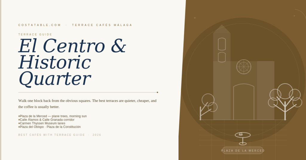 Málaga Cathedral silhouette with plane trees and a café table in Plaza de la Merced representing the historic quarter terrace café guide