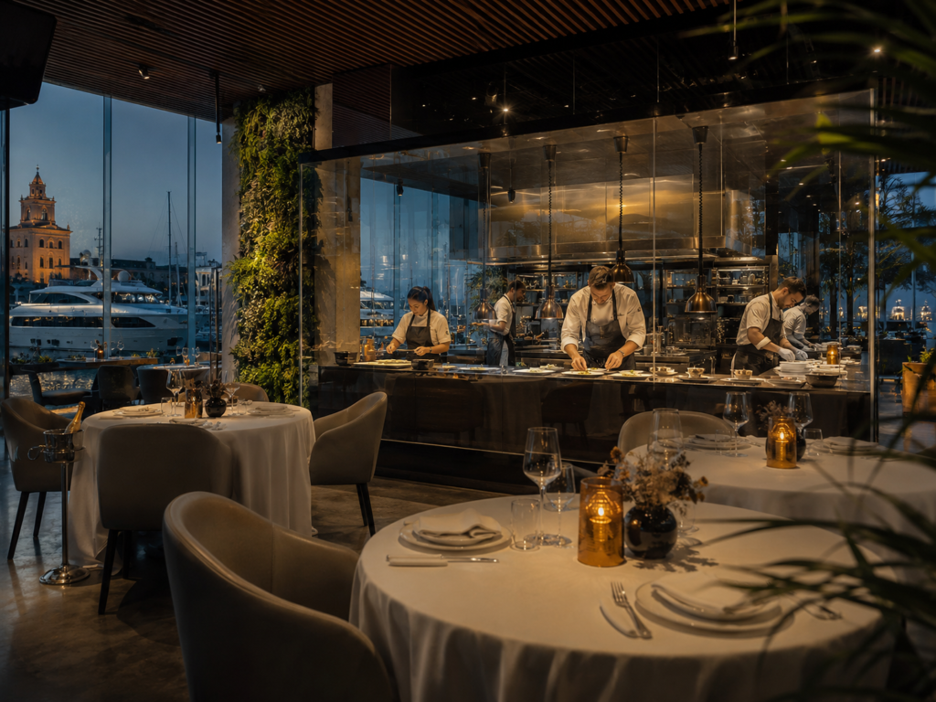 Fine dining restaurant at Muelle Uno Málaga with glass-walled kitchen, marina views, vertical garden, and Michelin-style tasting menu service.