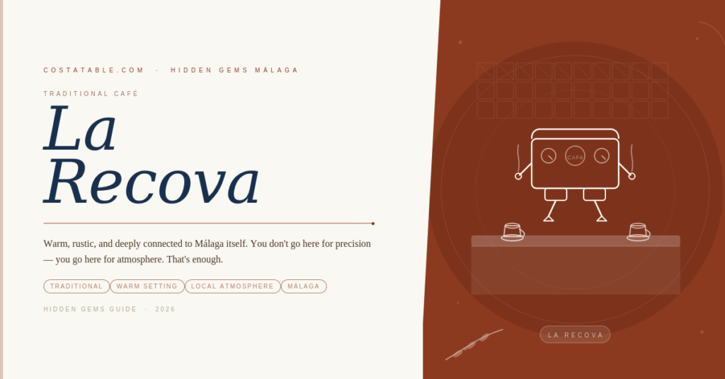 Traditionell espressomaskin på en marmordisk med kaklad väggbakgrund som föreställer caféet La Recova i Málaga