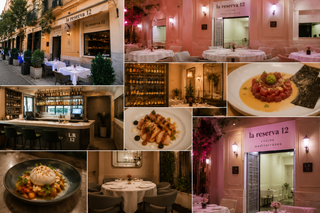 La Reserva 12 Málaga featuring elegant terrace dining, refined interiors, Mediterranean cuisine, and sophisticated business lunch atmosphere