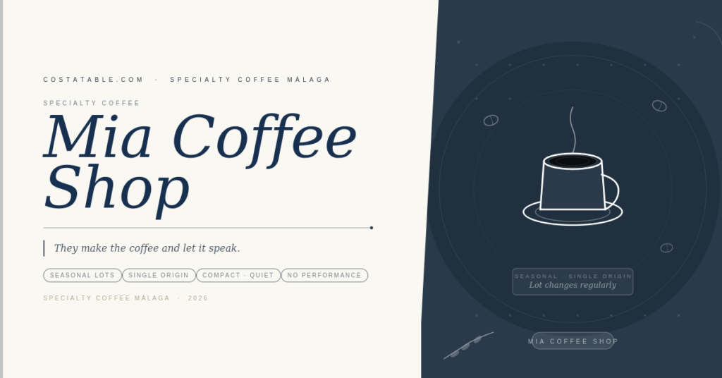 Espresso cup with single steam curl and seasonal origin card representing Mia Coffee Shop in the Málaga specialty coffee guide