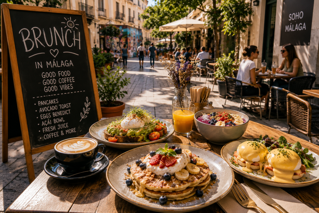 Outdoor brunch café in Soho Málaga with pancakes, eggs Benedict, avocado toast, specialty coffee, and brunch menu sign