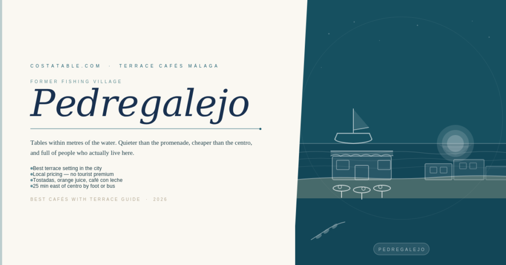 Beachside chiringuito with terrace tables, a fishing boat and the Mediterranean at sunrise representing Pedregalejo café terraces in Málaga