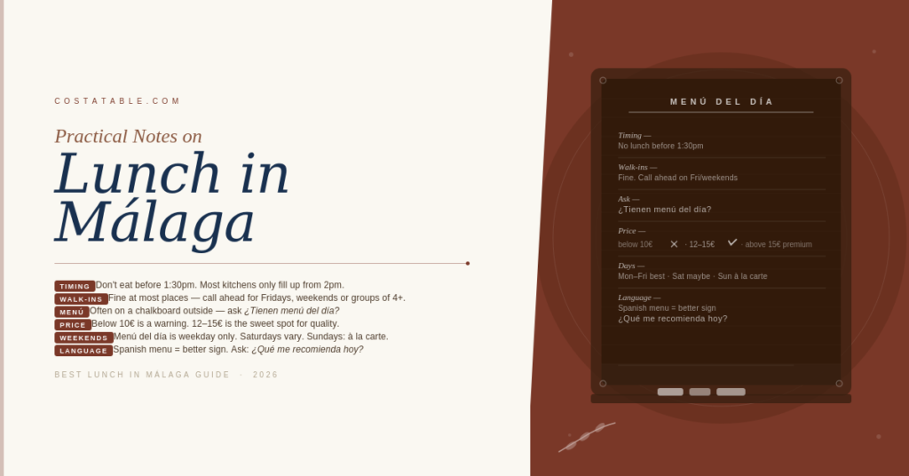 Chalkboard with six practical tips for eating lunch in Málaga including timing, pricing and the menú del día