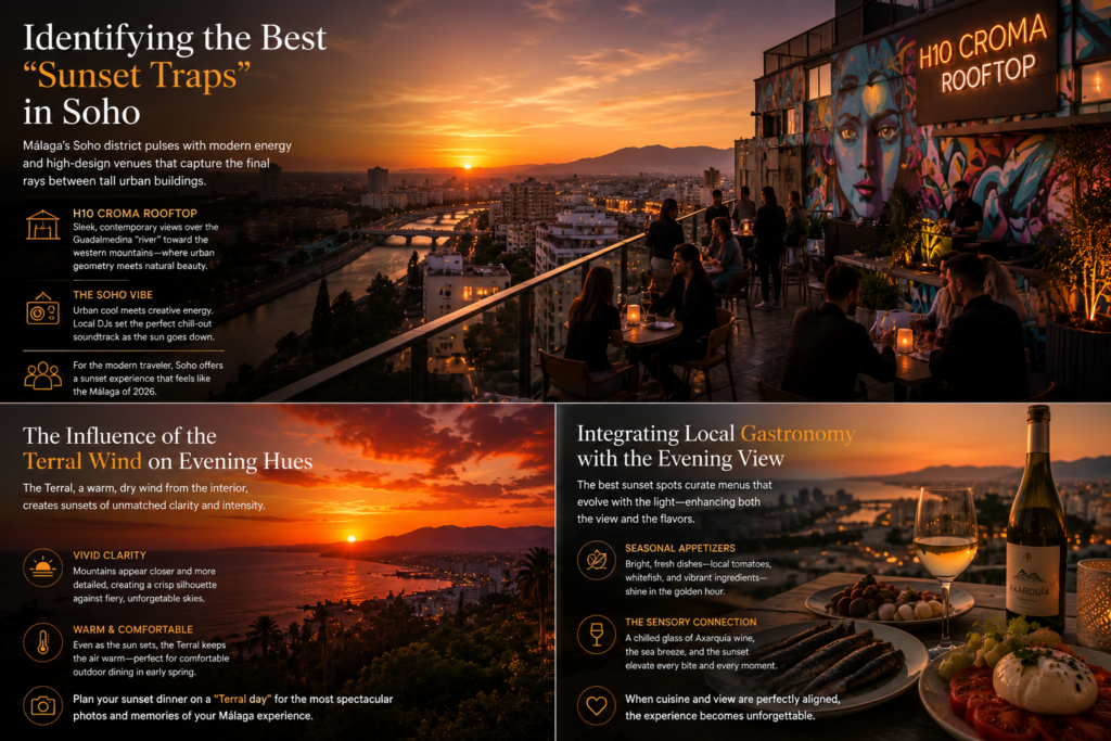 Sunset rooftop dining at H10 Croma in Soho Málaga with city views, street art, cocktails, and modern urban atmosphere Image title: