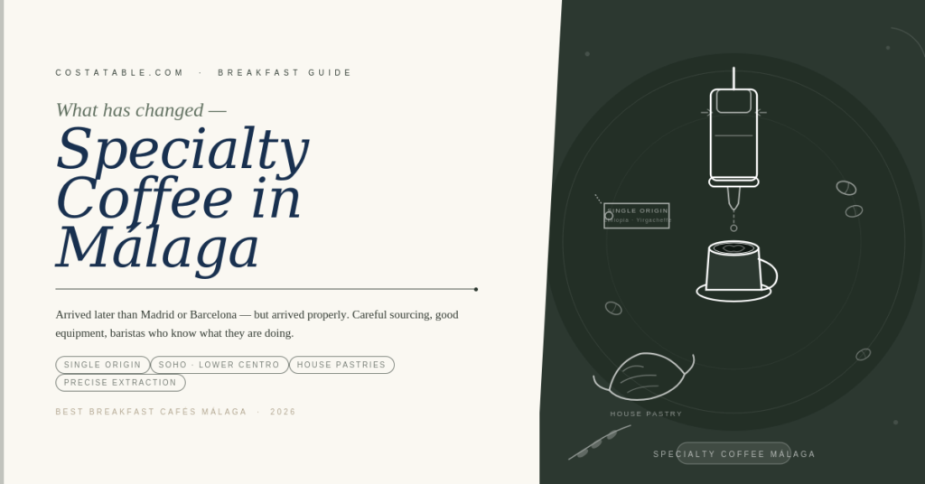 Aeropress coffee maker dripping into a cup beside a single-origin tag and croissant — specialty coffee breakfast in Málaga