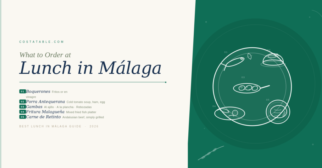 Five essential Málaga lunch dishes: boquerones, porra antequerana, gambas, fritura malagueña and carne de retinto