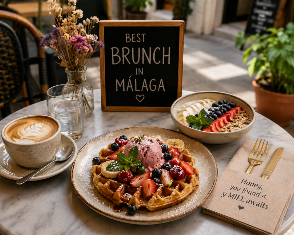 Outdoor best brunch table in Málaga at y MIEL with waffles, fresh fruit, ice cream, specialty coffee, and y MIEL café napkin quote