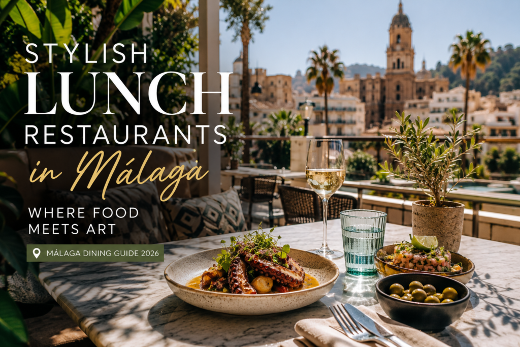 Stylish brunch, lunch restaurant in Málaga with Mediterranean food, wine and cathedral city views