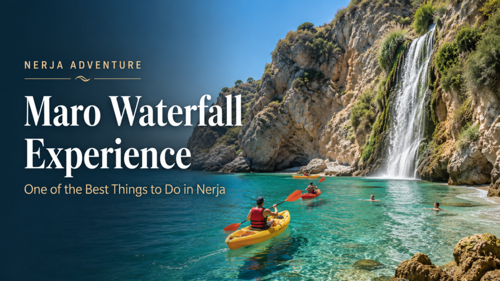 Maro waterfall experience near Nerja with kayaks, turquoise water, cliffs and coastal waterfall