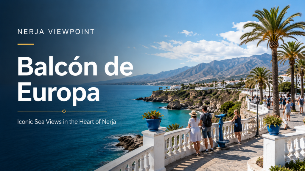 Balcón de Europa in Nerja with sea views, palm trees, white railings and Mediterranean coastline