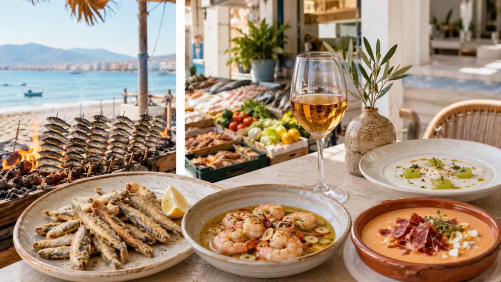 Málaga-Food-Szene mit Espetos, frittierten Sardellen, Gambas Pil-Pil, Ajoblanco, Porra Antequerana und lokalen Marktprodukten für die besten Restaurants in Málaga.