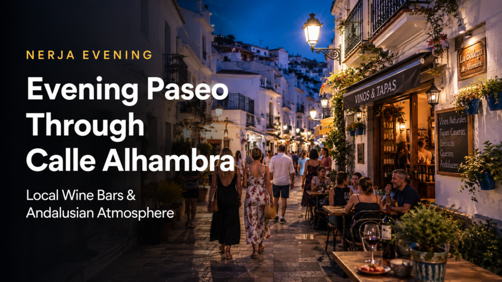 Evening paseo through Calle Alhambra in Nerja with local wine bars, tapas tables and Andalusian street atmosphere