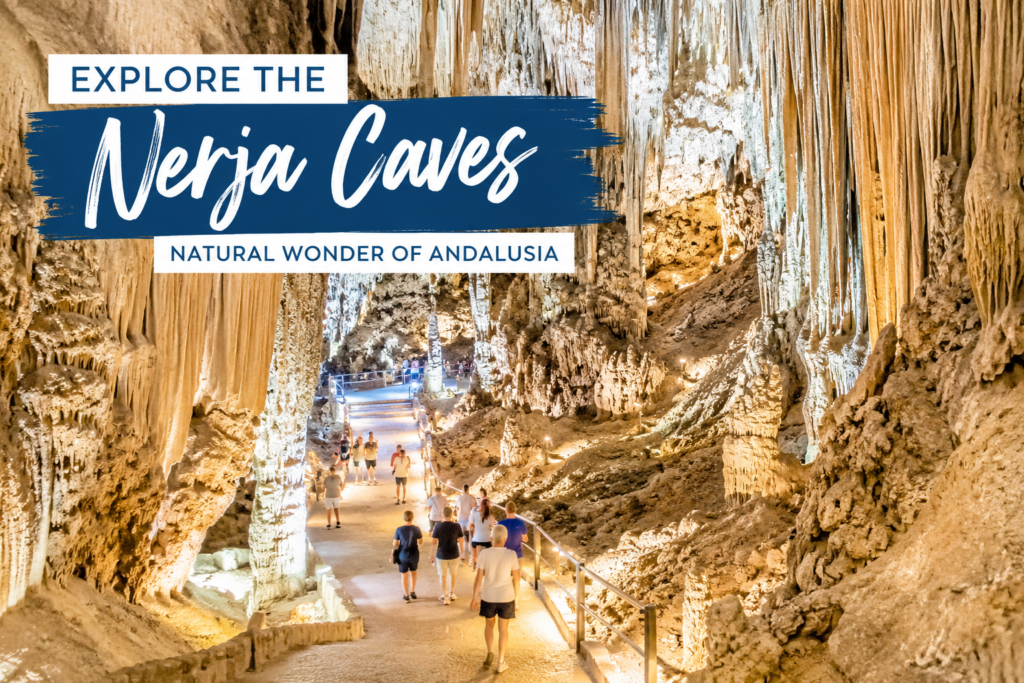 Explore the Nerja Caves with dramatic stalactites, stalagmites, cave walkway and underground lighting