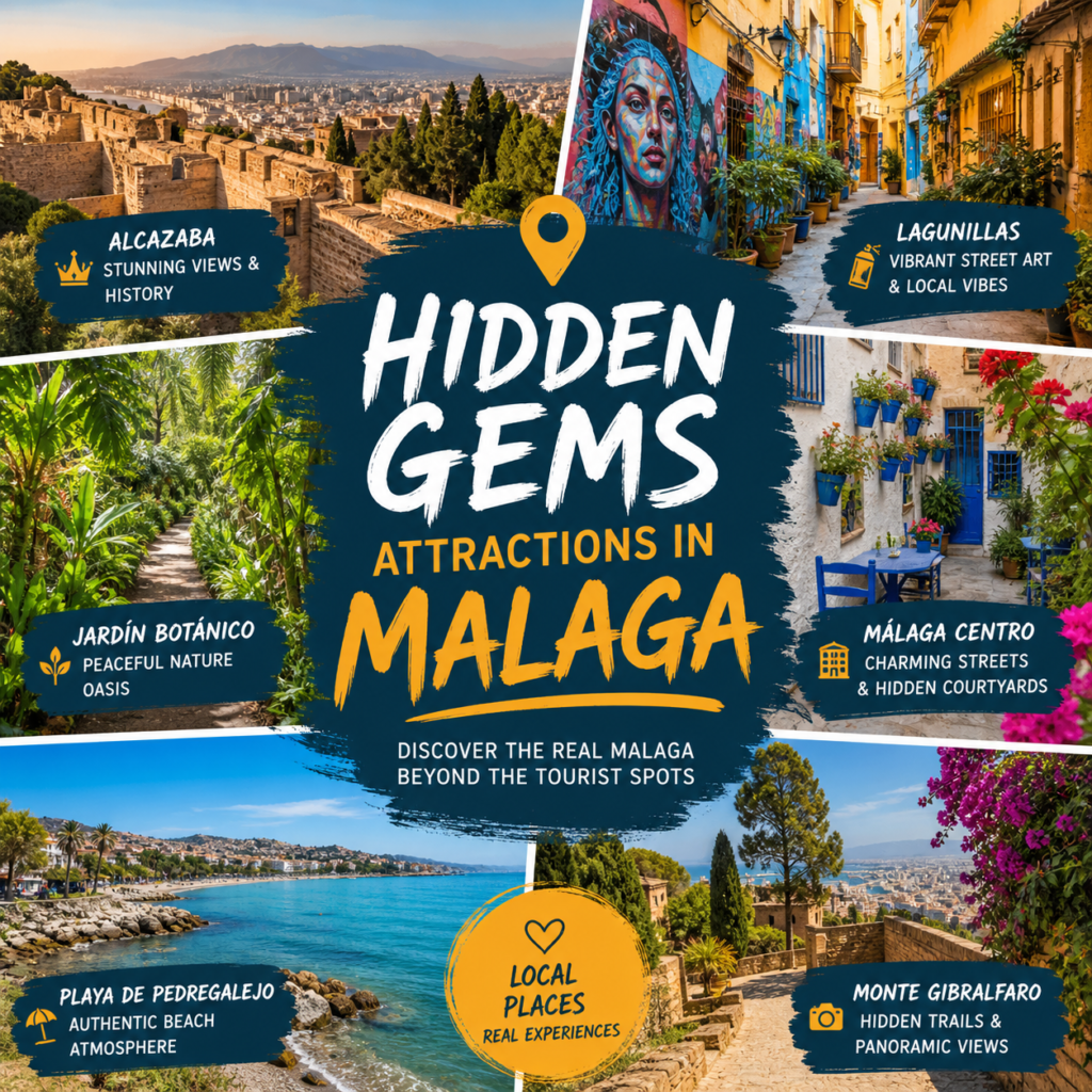 Hidden gems Malaga attractions collage with Alcazaba, street art, beaches and botanical garden