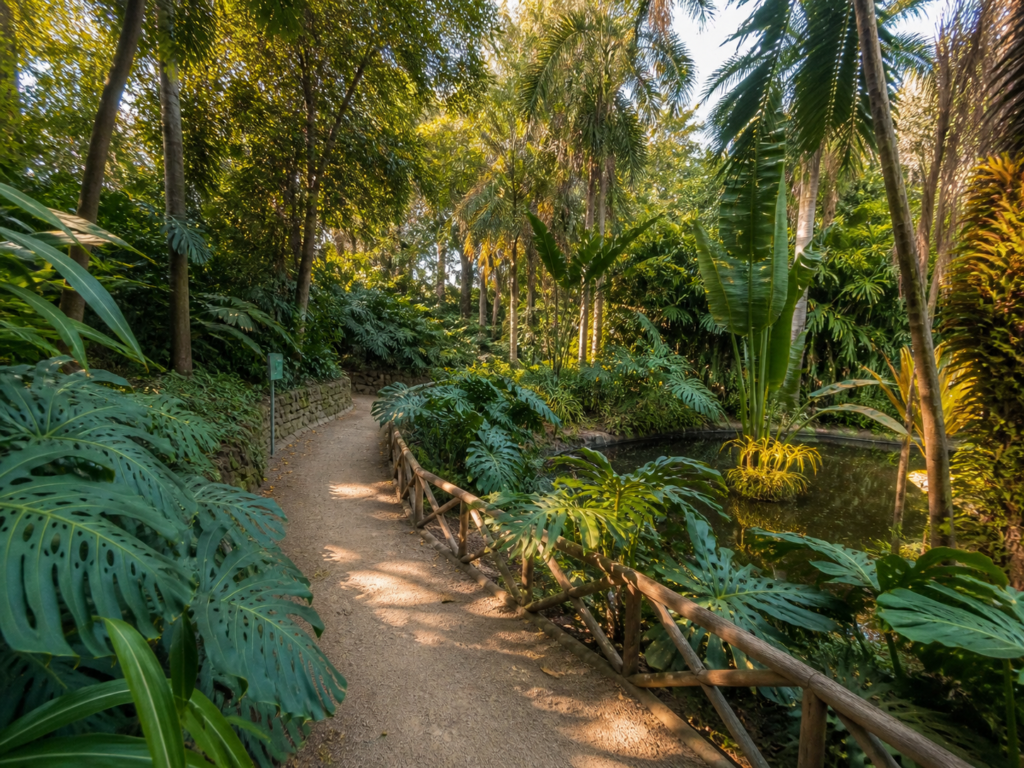 Botanischer Garten La Concepción in Málaga: Tropischer Pfad mit üppigen Pflanzen und Abendlicht