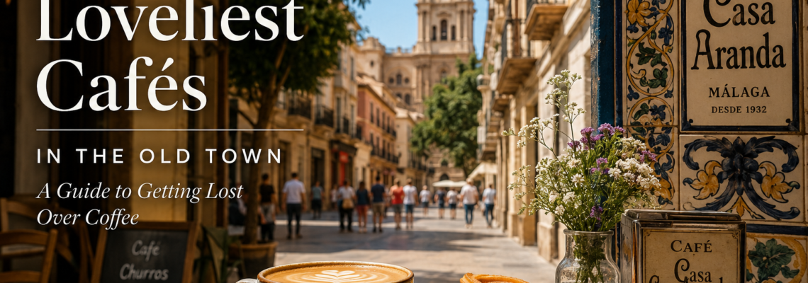 Sonnige Café-Szene in der Altstadt von Málaga mit Kaffee, Churros und traditioneller andalusischer Straßenatmosphäre in der Nähe der Casa Aranda