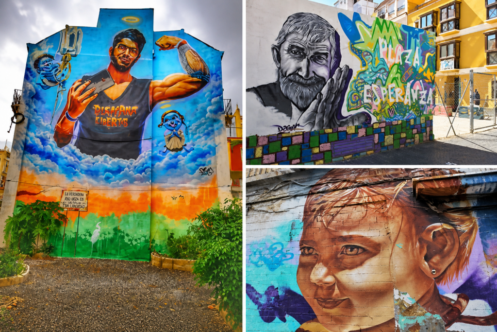 Malagaer Straßenkunstcollage mit farbenfrohen Wandmalereien, Porträts und Graffiti aus dem Viertel Lagunillas