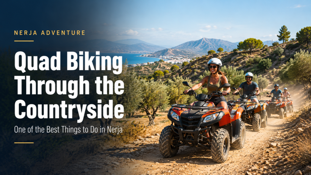 Quad biking through the Nerja countryside with mountain views, olive trees and Mediterranean coastline