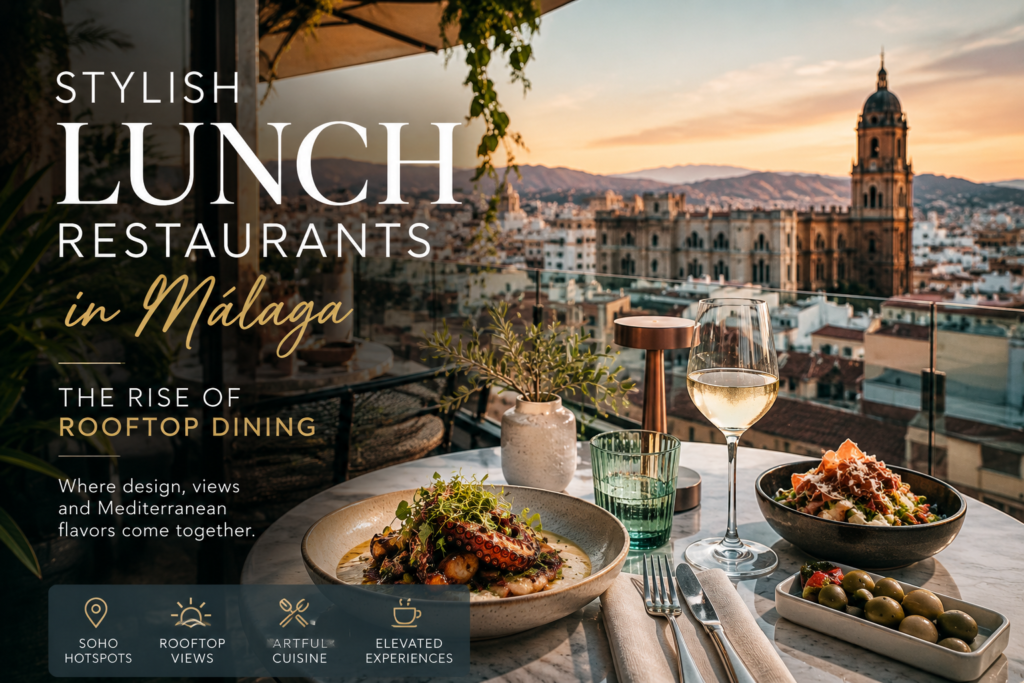 Luxury rooftop dining restaurant in Málaga with Mediterranean cuisine, sunset views and stylish modern terrace