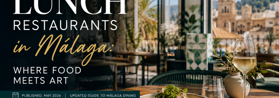 Snygg modern lunchrestaurang i Málaga med medelhavsinredning, gourmetmat och utsikt över katedralens tak