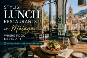 Snygg modern lunchrestaurang i Málaga med medelhavsinredning, gourmetmat och utsikt över katedralens tak