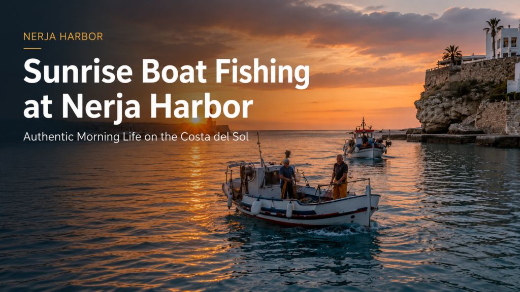 Sunrise boat fishing at Nerja harbor with fishermen, calm water and Mediterranean coastal cliffs