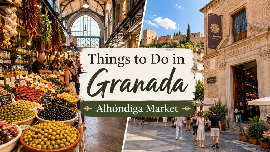 Things to do in Granada at Alhóndiga Market with food stalls, olives, local produce and historic market atmosphere