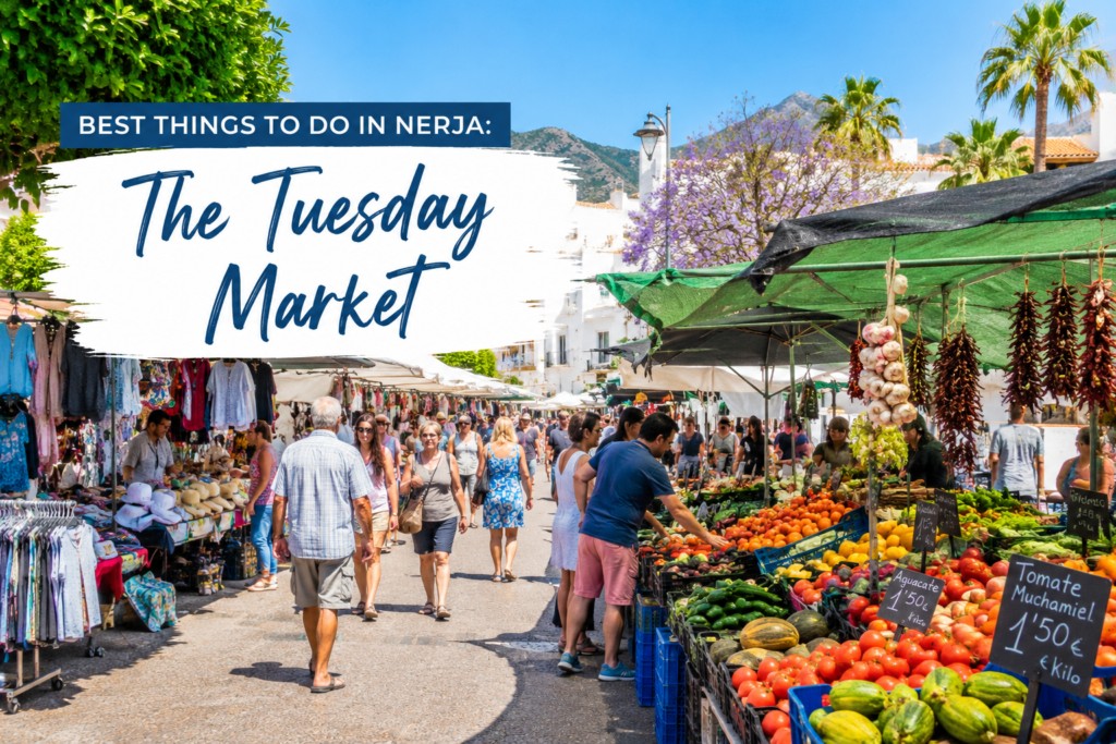 The Tuesday Market in Nerja with colorful stalls, fresh produce, clothes, shoppers and sunny Andalusian atmosphere