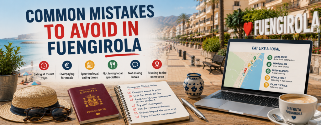 Common mistakes to avoid in Fuengirola banner showing Fuengirola beachfront promenade, laptop food guide, travel notes and Costa del Sol dining scene.