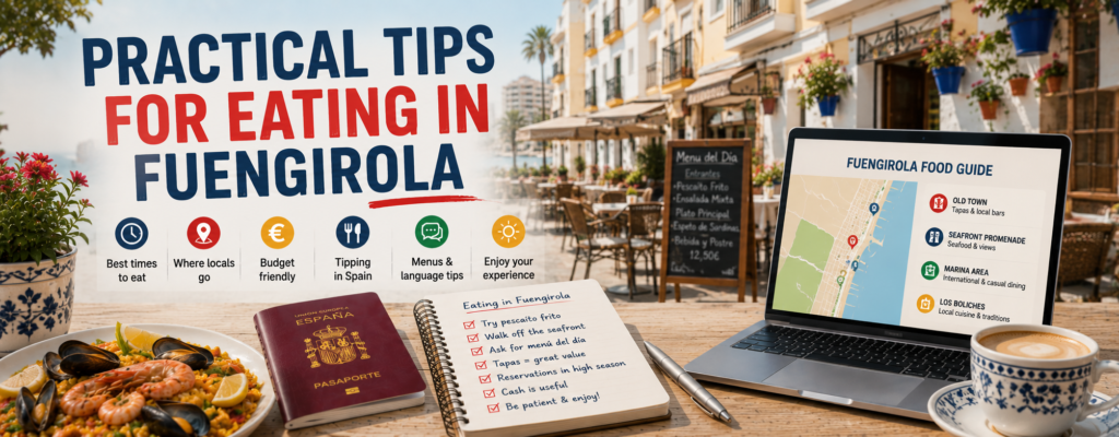 Practical tips for eating in Fuengirola banner showing Fuengirola dining scene, local seafood, food guide notes, laptop map and Costa del Sol restaurant setting.