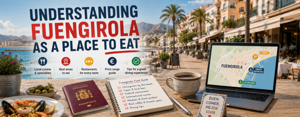 Understanding Fuengirola as a place to eat banner showing Fuengirola beachfront promenade, food guide notes, laptop map and local dining scene on the Costa del Sol.